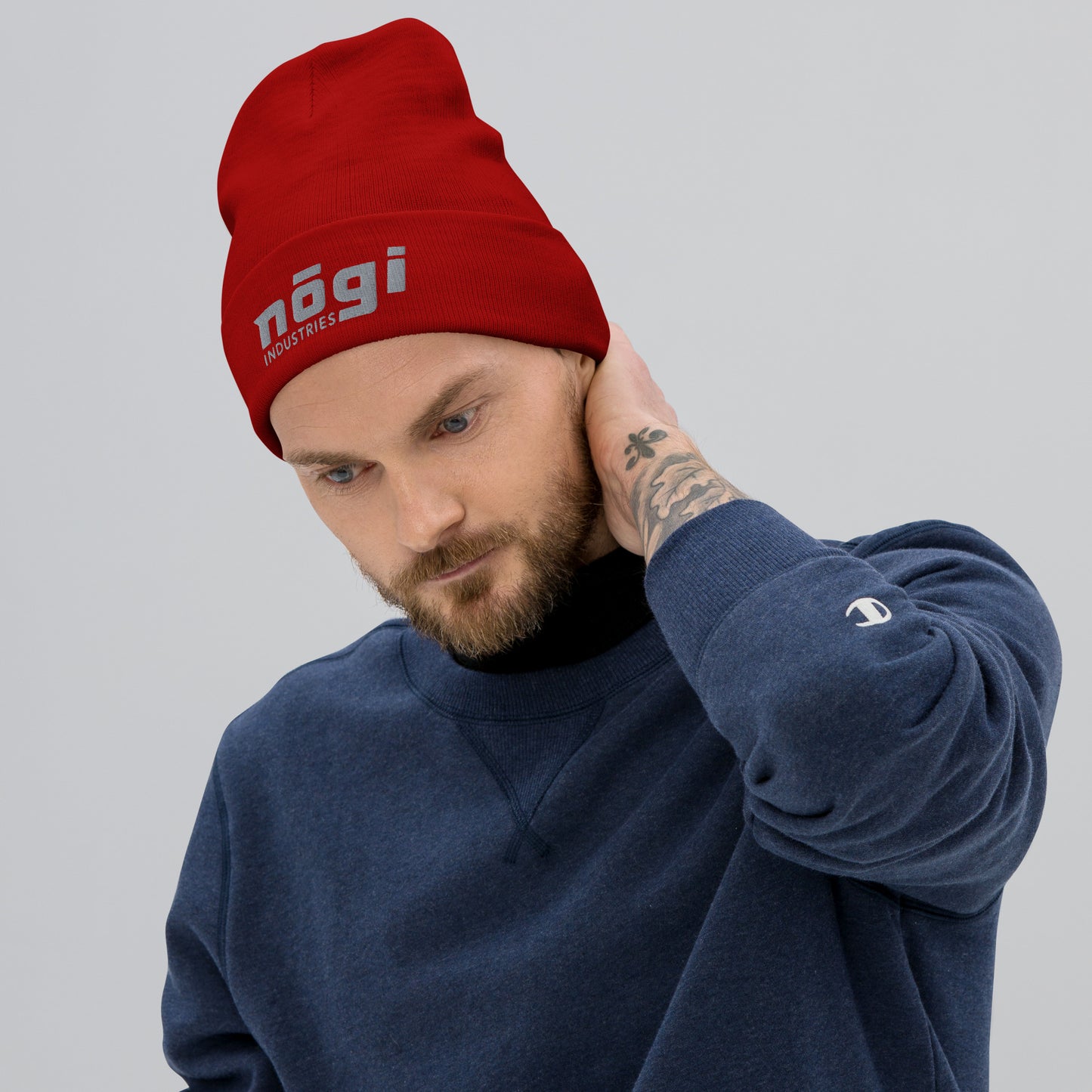 Embroidered Beanie w Puff logo (Red & Gray)